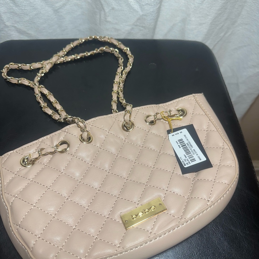 Bebe Cream Quilted Shoulder Bag with Gold Chain